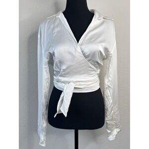 Zara Satin Wrap Tie Top Women's M Ivory Long Sleeve Crop Blouse NWT